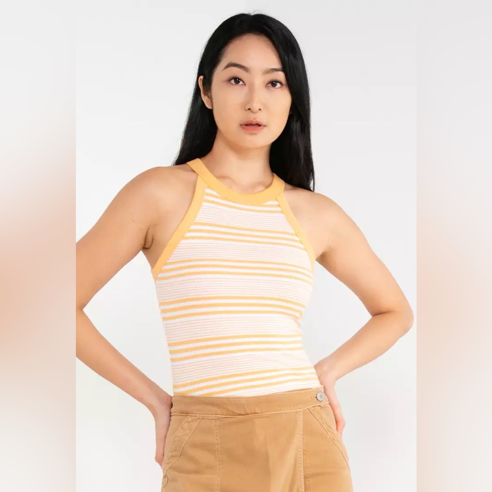 AE American Eagle Cropped High Neck Ribbed Tank Top Medium Yellow Striped NWOT